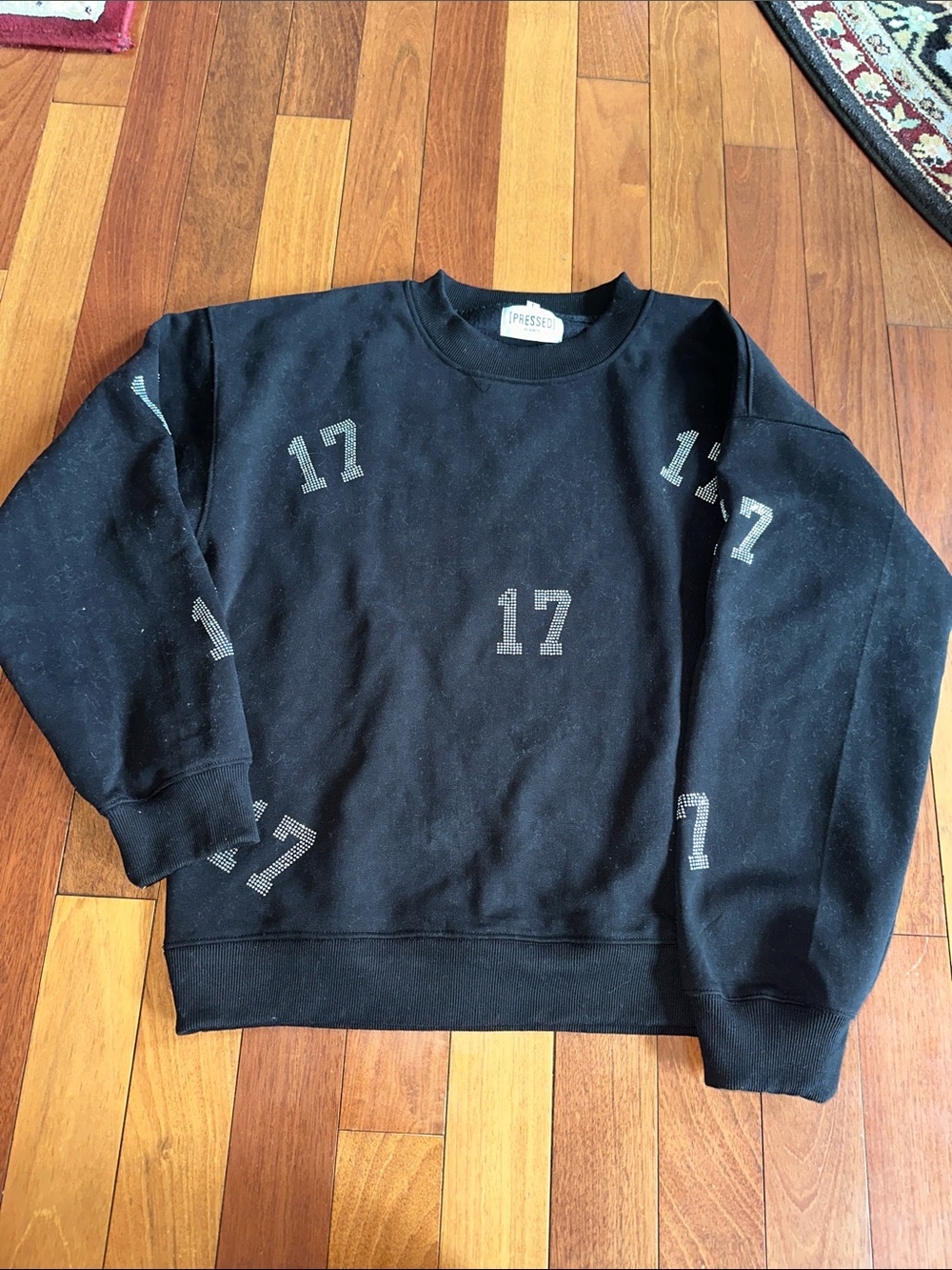 Women’s Black Rhinestone Crewneck Sweatshirt with '17' Print